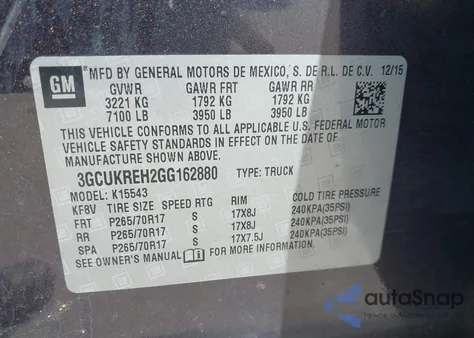 2016 Chevrolet Silverado 1500 1Lt from USA, damaged, VIN 3GCUKREH2GG162880